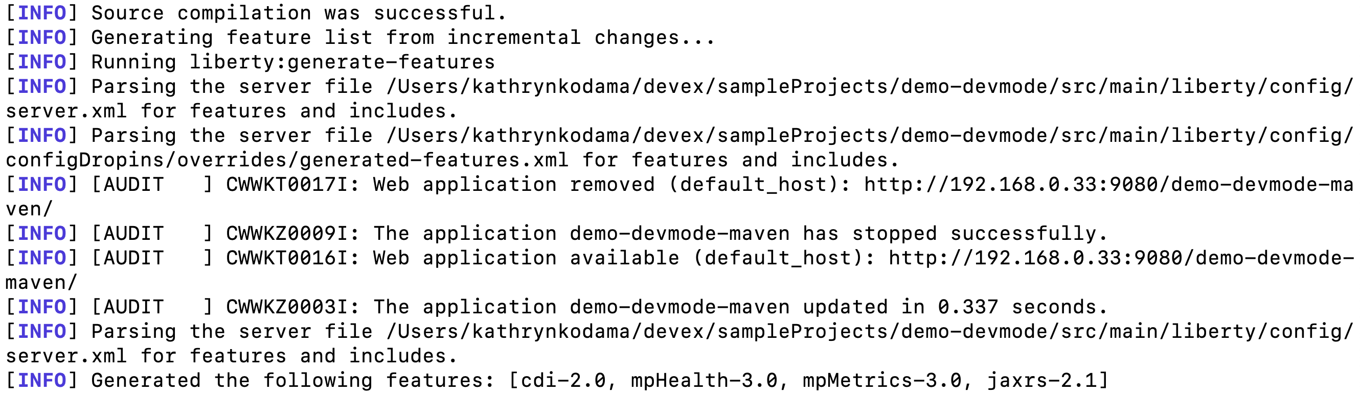 Open Liberty dev mode generating features after code change