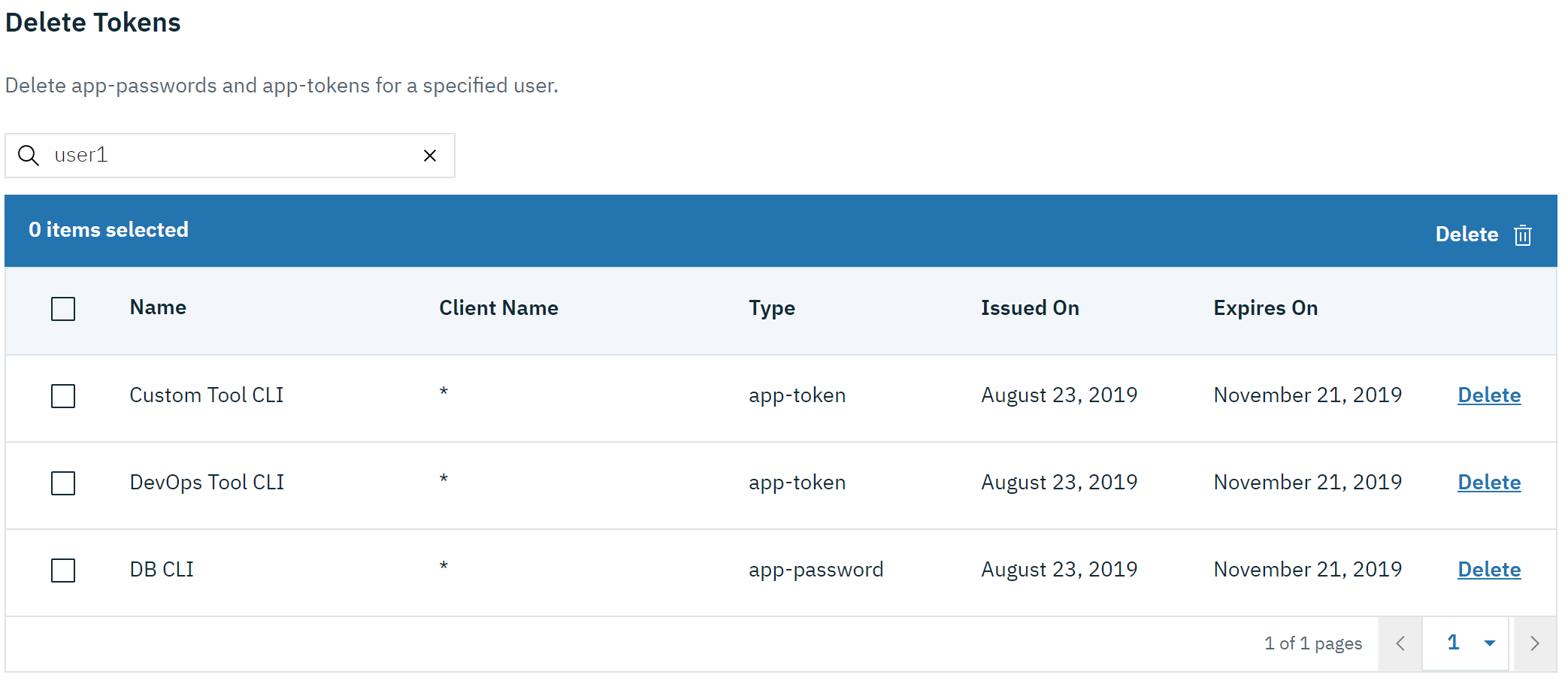 Delete tokens in Admin UI
